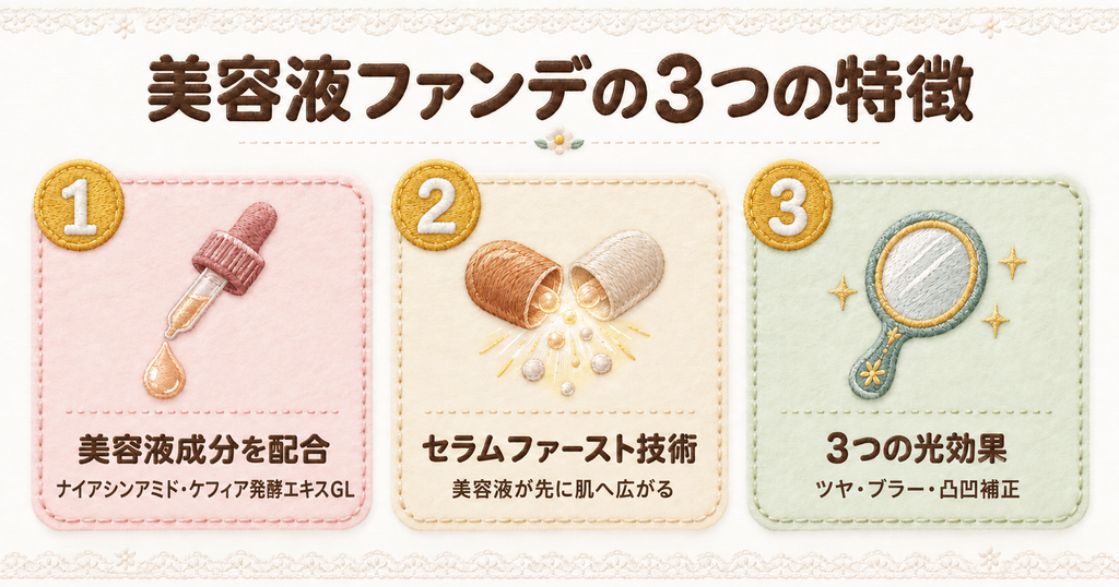 エッセンススキングロウファンデーションの3つの特徴として、ナイアシンアミドとケフィア発酵エキスGLの美容液成分を配合していること、美容液が先に肌へ広がるセラムファースト技術、ツヤ・ブラー・凸凹補正の3つの光効果を示した図