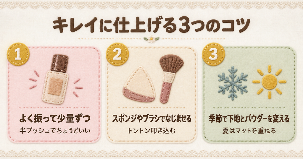 エッセンススキングロウファンデーションをキレイに仕上げるコツとして、よく振って半プッシュずつ使うこと、スポンジやブラシでトントン叩き込むこと、季節に合わせて下地とパウダーを変えることの3つを示した図