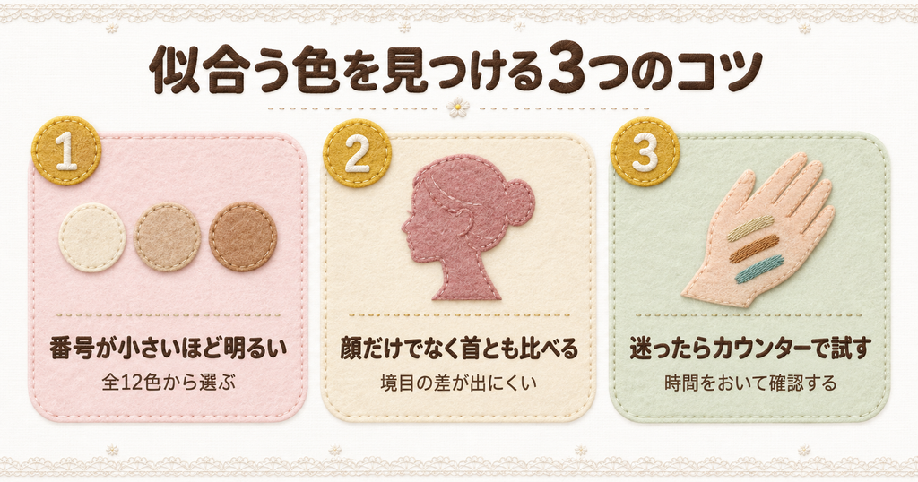 エッセンススキングロウファンデーションの色選びのコツとして、色番号が小さいほど明るいこと、顔だけでなく首とも比べること、迷ったらカウンターで試して時間をおいて確認することの3つを示した図