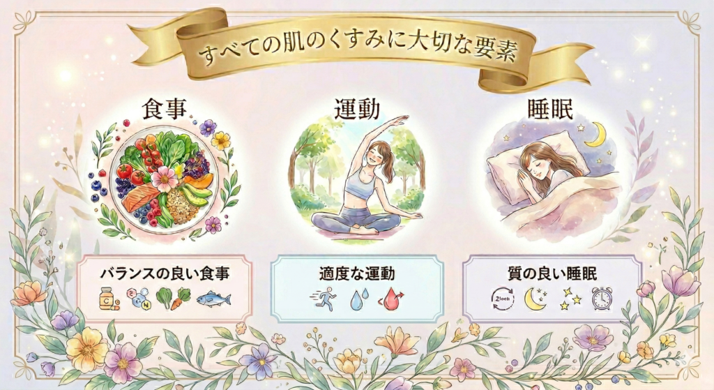 すべての肌のくすみの原因対策に不可欠なセルフケア要素。透明感を引き出すバランスの良い食事、適度な運動、質の良い睡眠