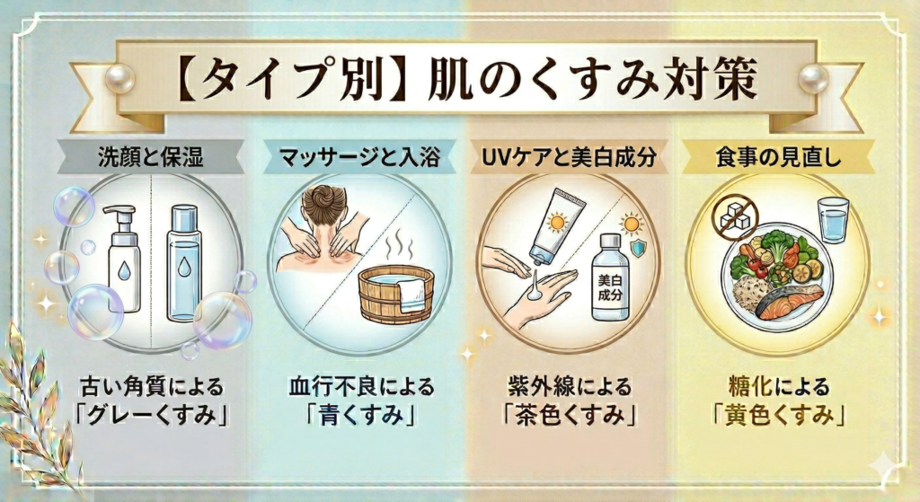 肌のくすみを透明感アップに導くタイプ別セルフケア。グレーは洗顔、青は入浴、茶色はUVケア、黄色は食事の見直しの対策方法