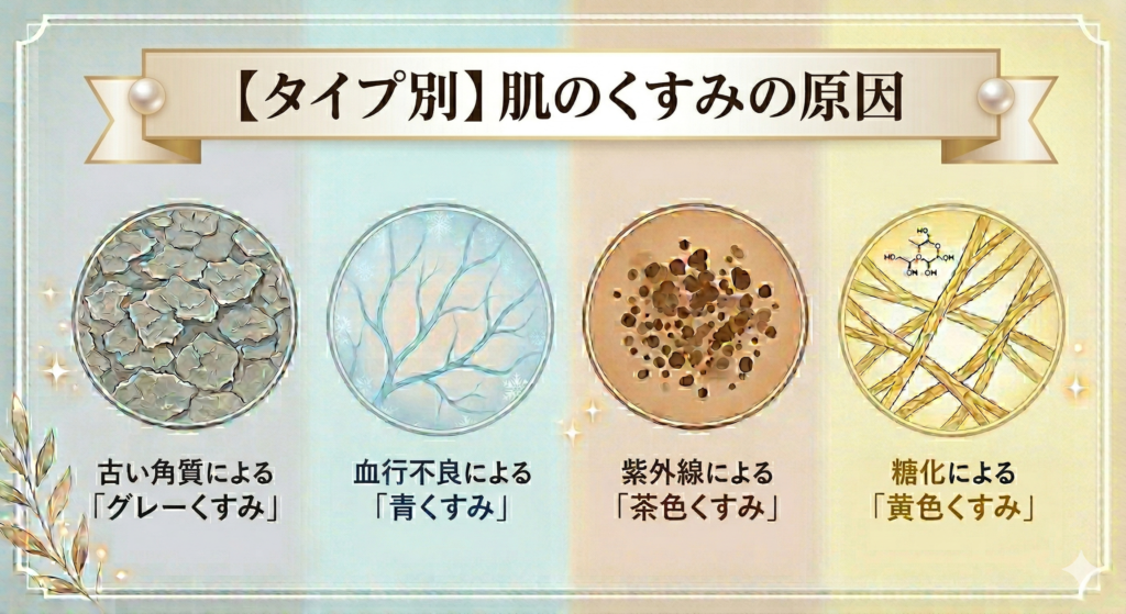 肌のくすみの原因となる4つのタイプ、古い角質によるグレーくすみ、血行不良による青くすみ、紫外線による茶色くすみ、糖化による黄色くすみの解説図