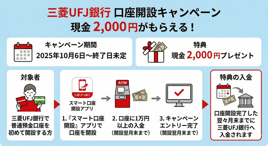 口座開設アプリ、1万円以上の入金、エントリー、特典受取の4つの手順を示す、現金2,000円獲得ステップの図解。