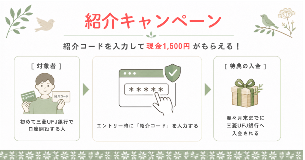 三菱UFJ銀行の紹介キャンペーン。エントリーのときに紹介コード入力と現金1,500円が口座へ入金される仕組み。