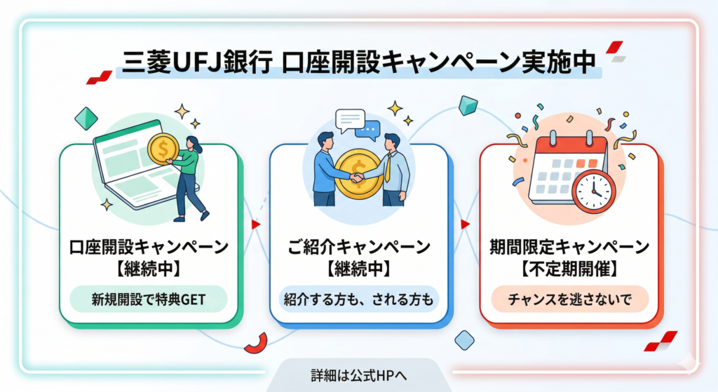 三菱UFJ銀行の口座開設キャンペーン実施状況。常設の新規開設・紹介特典と不定期の期間限定企画の3つを分類。