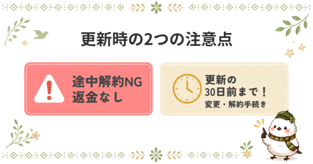 ConoHa WINGのサーバー更新時における2つの注意点。途中解約不可で返金がないこと、プラン変更や解約手続きは更新の30日前までであることを解説。
