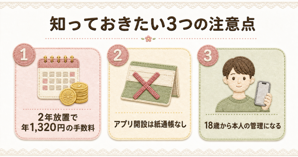 三菱UFJ銀行の口座開設で失敗しないために、事前に把握しておきたい3つの重要注意点をまとめた図解。