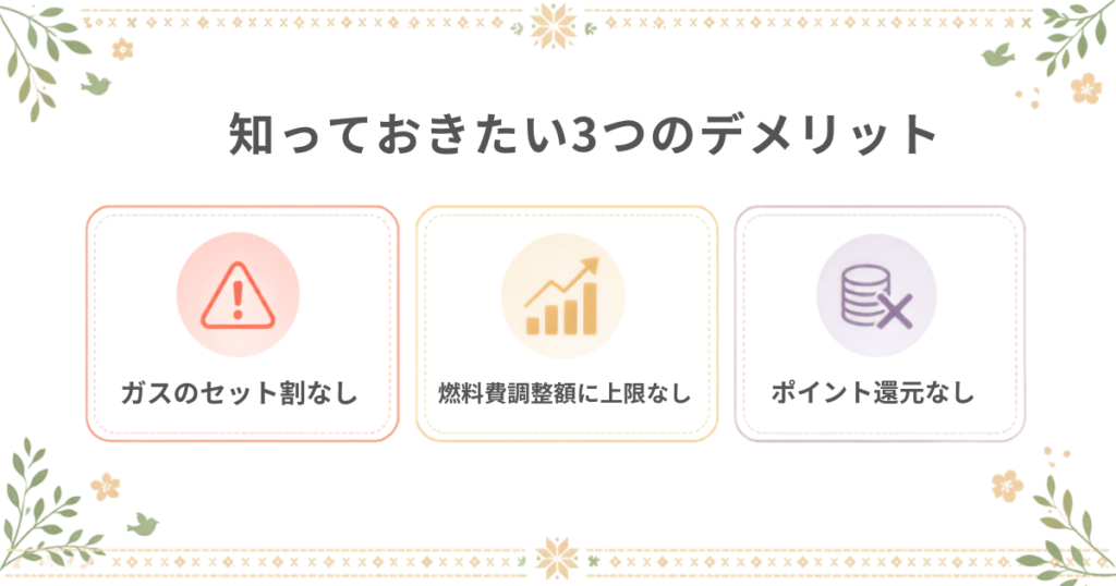 オクトパスエナジーの知っておきたい3つのデメリットを解説する図。ガスのセット割なし、燃料費調整額の上限なし、ポイント還元なしを提示。
