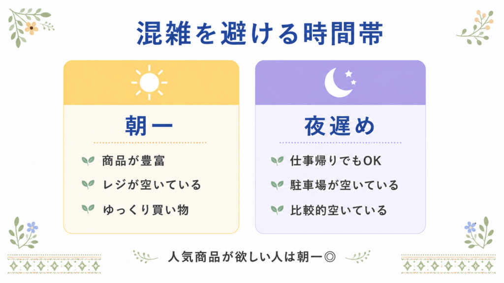 ウエル活で混雑を避けるなら「朝一」か「夜遅め」。買い物をスムーズにするための時間帯選択のヒント図解。