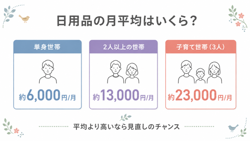 日本の世帯別・日用品の平均支出額。節約の目安となる生活必需品の費用相場を比較データで解説。