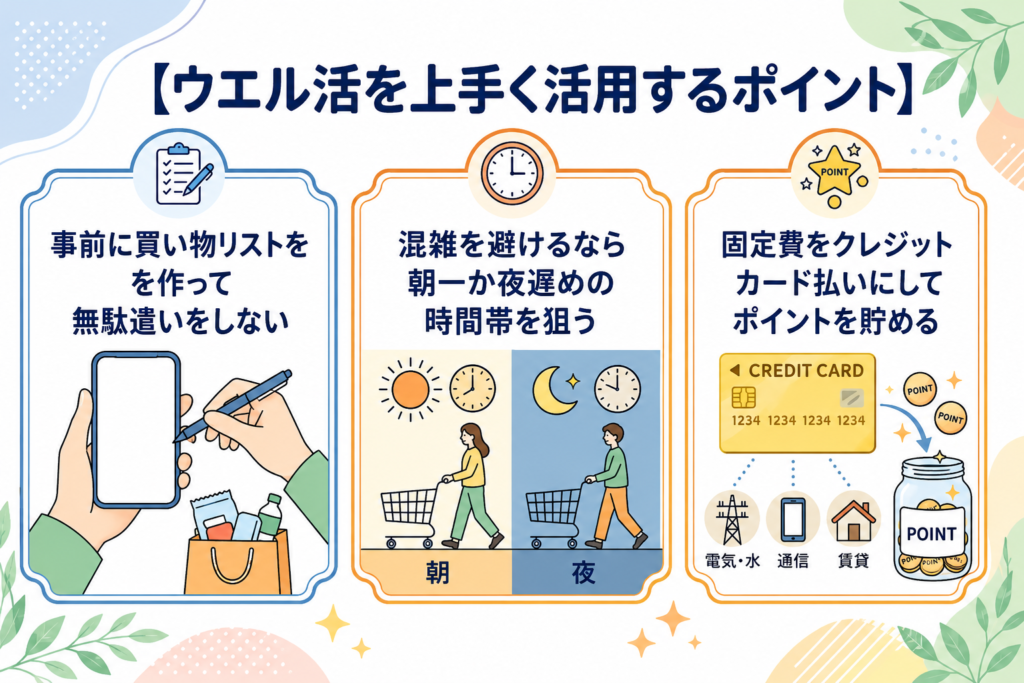 ウエル活を賢く活用する3つのポイント。買い物リスト作成、時間帯選び、固定費のカード払いによるポイント獲得方法。