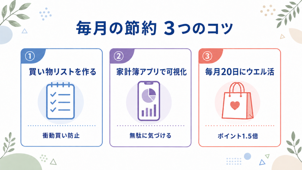 毎月の貯蓄額を増やす3つの節約習慣。日用品費を見直して、家計に余裕を生むための実践的なステップ。