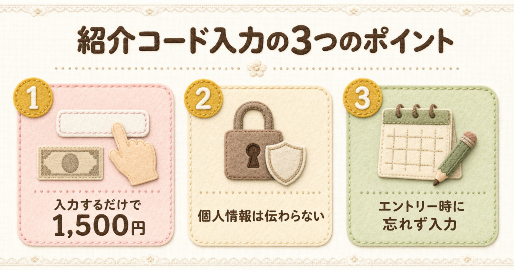 三菱UFJ銀行の紹介コードを入力して1,500円の特典を安全に受け取るための3つのポイントを解説した図解。
