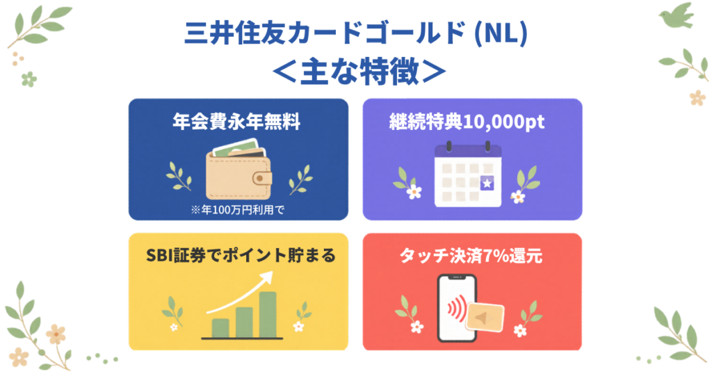 三井住友カード ゴールド(NL)の主なメリット。年会費やポイント還元、特典内容をまとめた図解。