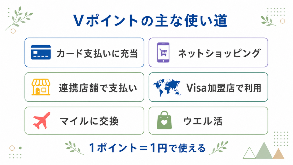Vポイントの賢い使い道。1ポイント1円として利用できる、ショッピングからウエル活、マイル交換までの主な活用先をまとめたガイド。