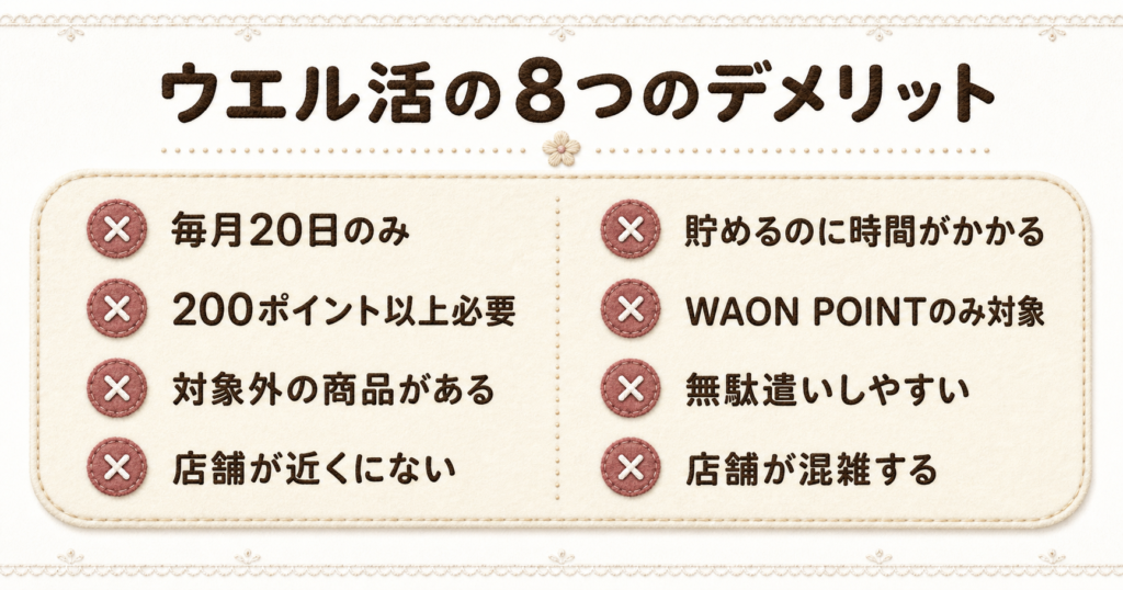 ウエル活の8つのデメリットと注意点。始める前に確認しておくべきポイントをリスト形式で整理した図解。