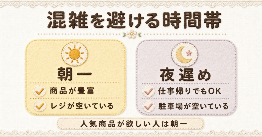 ウエル活で混雑を避けるなら「朝一」か「夜遅め」。買い物をスムーズにするための時間帯選択のヒント図解。