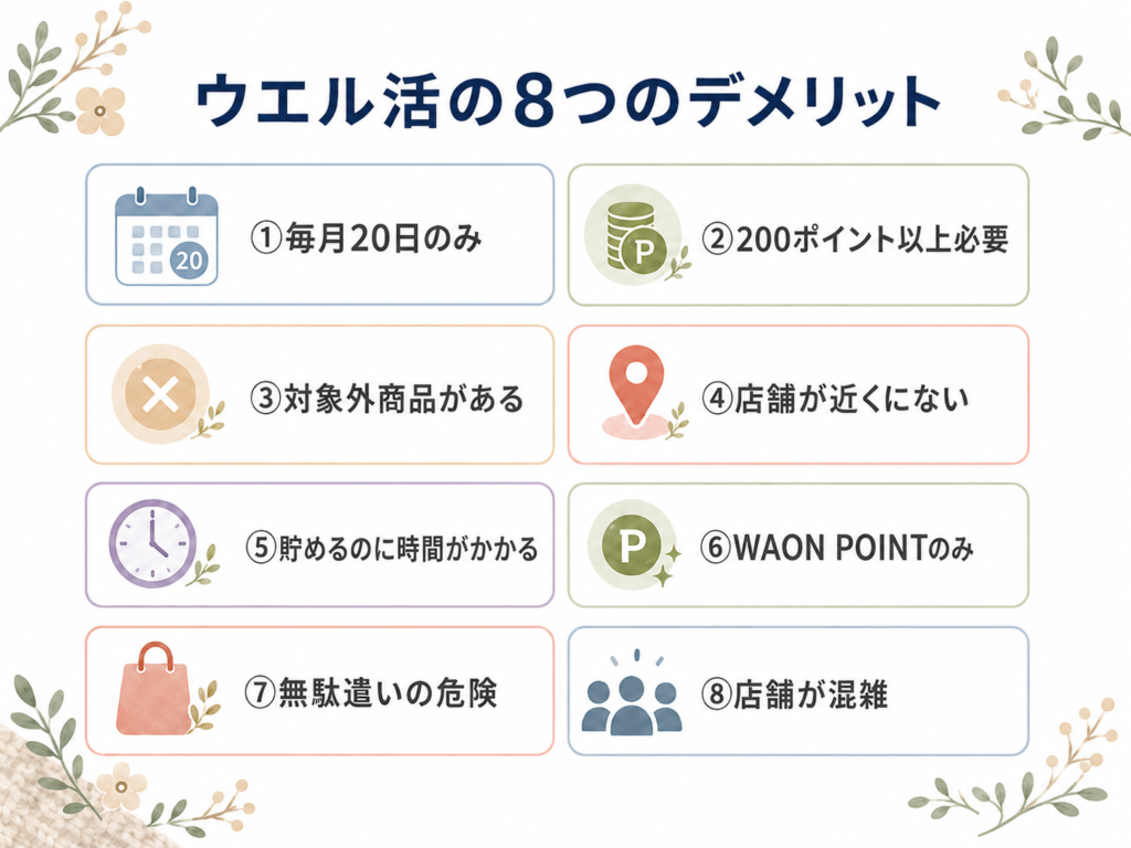 ウエル活の8つのデメリットと注意点。始める前に確認しておくべきポイントをリスト形式で整理したインフォグラフィック。