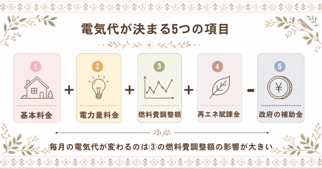 基本料金や電力量料金など、毎月の電気料金の仕組みを決める5つの項目を分かりやすく並べた図解。
