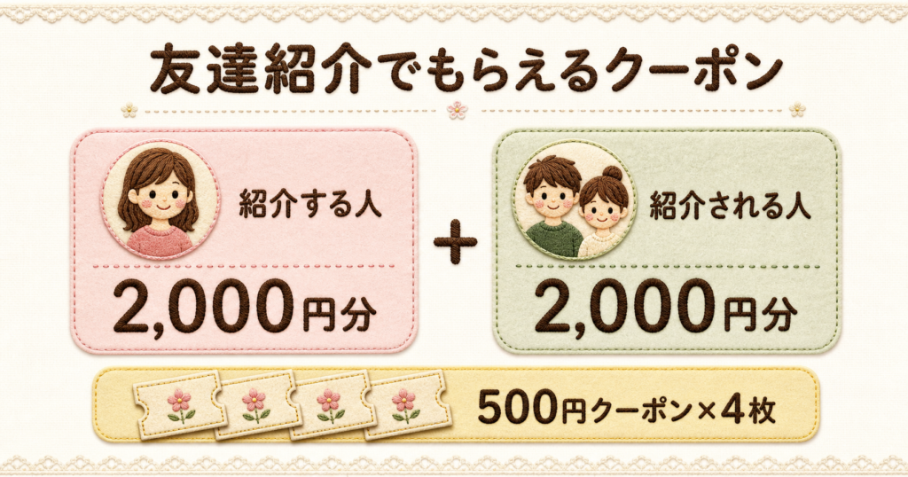 タクシーアプリGOの友達紹介特典。紹介者と被紹介者の双方が2000円分(500円×4枚)を獲得できる仕組み。