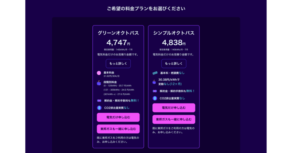 オクトパスエナジーの料金プランシミュレーション結果で表示された、2つのプランの電気料金比較画面。