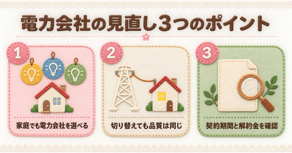エアコン使用時の電気代対策として、電力会社の見直しで知っておくべき3つの重要ポイントをまとめた図解。