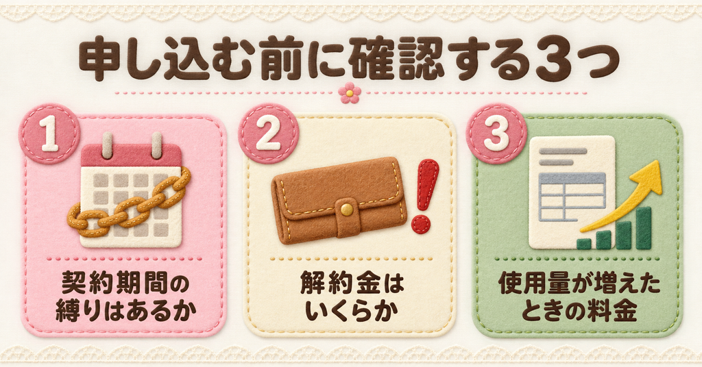 契約期間の縛りや解約金の金額、使用量が増加した際の料金体系という3つの注意点を示す図。